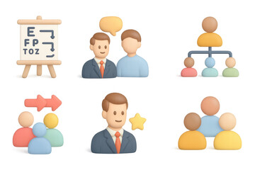 Poster - Business icons set featuring teamwork, communication, and leadership concepts in soft 3d style