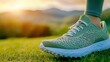 © tashechka - Green running shoe on grass during sunset in a serene outdoor landscape