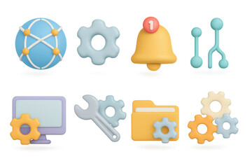 Poster - Vibrant 3d technology icons set with notification and settings elements
