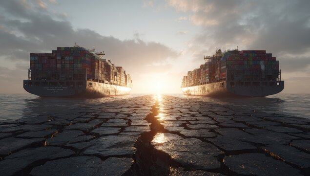 Two massive cargo ships meet at sea.  Sunrise over cracked, dry land