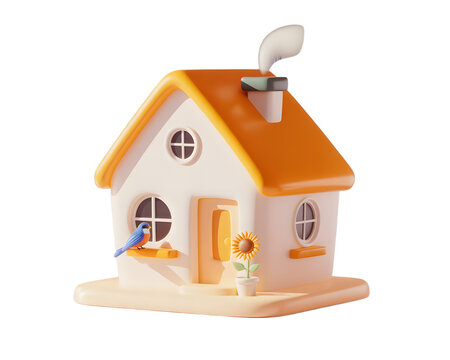Cute Cartoon House with Bird and Sunflower Rendered in 3D with a Transparent Background on transparent background