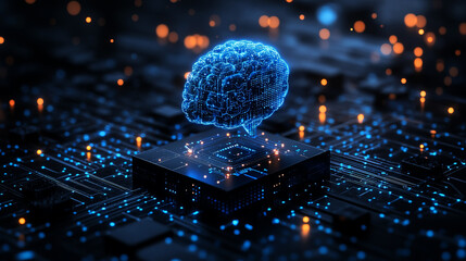 Poster - 3D rendering of a blue, glowing brain icon on a black cube platform 