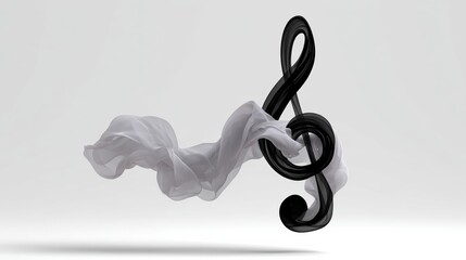 Poster - White and black musical note is floating in the air. The note is a key on a piano, and it is surrounded by a white fabric. Concept of freedom and creativity