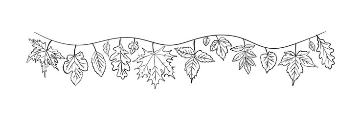 A garland of hanging assorted fall leaves. Black and white sketch illustration is hand drawn. Perfect for banners and horizontal elements.