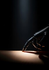 Poster - Robotic Fingertip on Skin - Close-up of a robotic finger gently touching human skin, highlighting the contrast between technology and humanity. A dark background enhances the 's mood