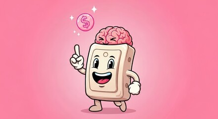Aufkleber - Smart Key to Financial Success - Cartoon illustration of a smiling key with a brain for a head, pointing upwards toward a dollar coin, suggesting financial intelligence
