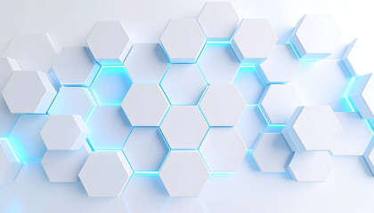 Poster - Abstract white hexagon tile pattern with blue light technology background