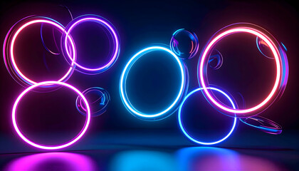 Poster - Abstract glowing rings with neon lights on dark background for technology