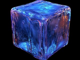 Poster - A glowing blue ice cube against a black background