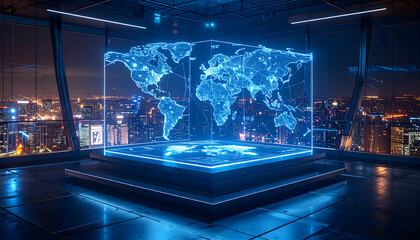 Poster - Global holographic world map projection in modern city office at night
