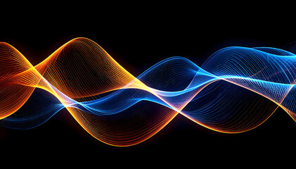 Poster - Abstract interwoven waveforms orange and blue on black background visualisation