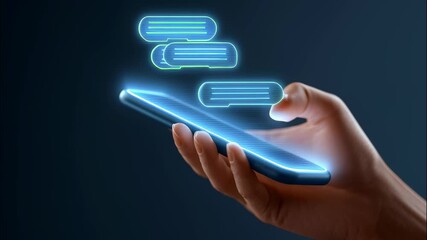 Poster - Hand gripping smartphone with messaging icons floating, representing digital communication and virtual social interaction video 4k