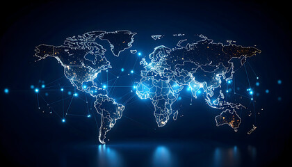 Poster - Illuminated world map of global connections data network and international business