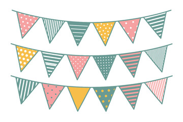 Poster - Three strings of colorful triangle shaped party flags with various patterns hanging on a white background