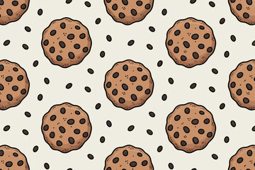Poster - Seamless pattern of chocolate chip cookies with scattered chips on a light beige background illustration