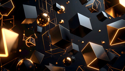 Poster - Abstract 3 d geometric composition with cubes and spheres in dark and gold tones