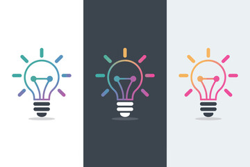 Poster - Three light bulb icons with different color gradients on a split dark and light background design