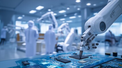 Poster - Automated Assembly Line: Robotic Arm Precision Placement on Circuit Board Manufacturing Process in Modern Tech Facility.