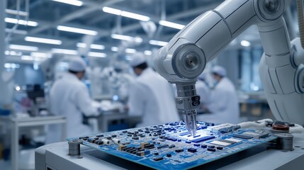 Poster - Automated Circuit Board Assembly: Precision Robotics Placing Component on Printed Circuit Board in Modern Electronics Manufacturing Facility.