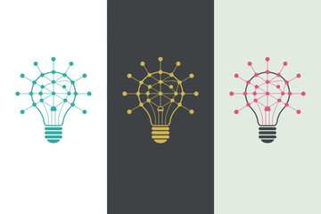 Poster - Three light bulb icons with network connections in teal gold and pink on a split background