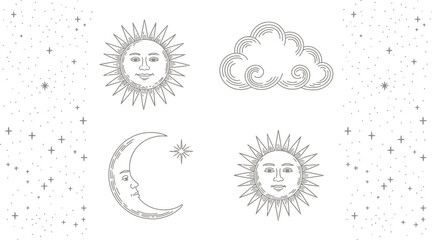 Poster - Celestial line art featuring suns, moon, cloud, and stars on a light beige background design element