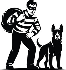 Poster - A burglar with a sack over his shoulder standing next to a dog in black and white illustration style