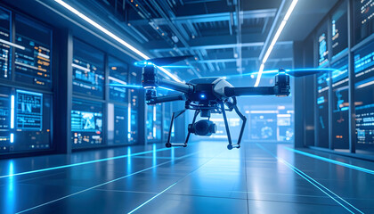 Poster - Drone hovering in modern data center with blue lighting technology