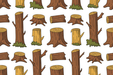 Poster - A seamless pattern of cartoon tree stumps and logs on a white background with green foliage details