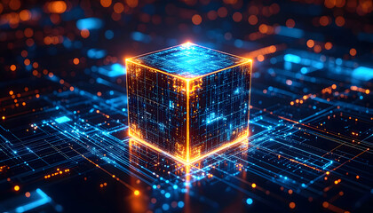 Poster - Abstract digital cube glowing on a futuristic circuit board background