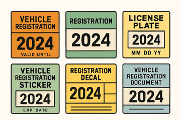 Poster - A visual depiction of various 2024 vehicle registration stickers and license plate designs with bold typography and distinct color schemes for easy recognition and compliance