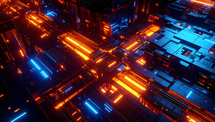 Poster - Futuristic circuit board background with glowing orange and blue lines