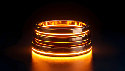 Poster - Abstract golden stacked rings glowing against dark background close up