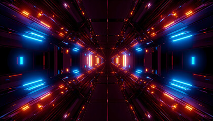 Poster - Futuristic tunnel abstract neon lit corridor with symmetric geometric pattern