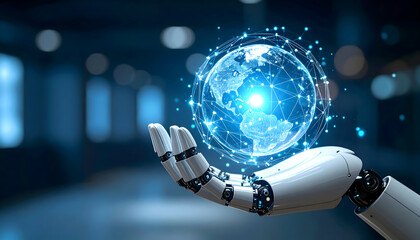 Poster - Robotic hand holding glowing globe symbolizing global technology and future