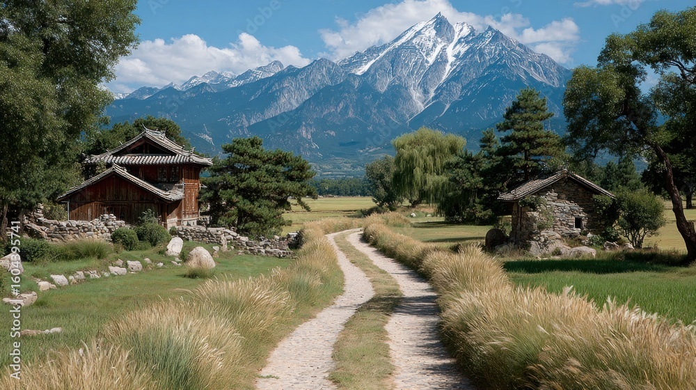 Ancient Chinese Village Scene: Winding Path to Mountains, Green Rice ...