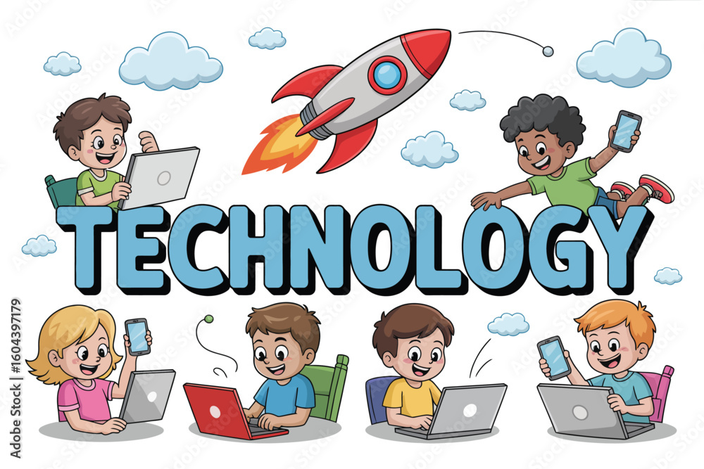 Cartoon illustration featuring children using technology with a rocket ...