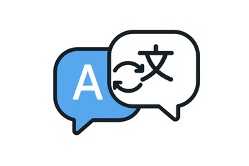 Poster - Language translation icon with speech bubbles. Multilingual communication concept. Online translator app logo for global business, dictionary and learning foreign languages. Vector.
