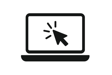 Poster - Laptop click icon vector. Computer cursor pointer on screen. Online communication symbol. Chatbot, AI assistant, customer service, and support concept. Web access illustration.