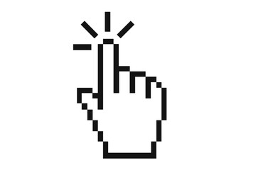 Poster - Pixel Hand Cursor Clicking Icon. Computer Mouse Pointer Symbol. Retro Pixelated Hand with Extended Index Finger Clicking. Web Navigation Click Gesture. 8-Bit Style Vector Isolated Illustration