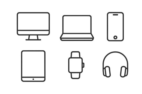 Device line icon set with editable stroke. Technology icons collection. Computer, laptop, phone, tablet, smart watch, headphones. Modern digital gadget outline vector symbols.