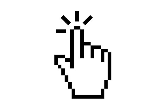 Pixel hand cursor clicking icon. Computer mouse pointer symbol for web and app interface design. Digital finger pressing a button or link. Vector graphic element isolated.