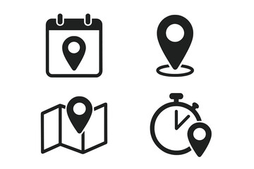 Aufkleber - Date, time, and location icon set. Vector collection of calendar with pin, map marker, address pointer, and timer symbols. Concept for appointment, schedule, event, and navigation.