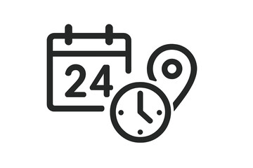 Poster - Date, time, and location icon set. Vector illustration for event schedule, appointment reminder, and meeting address. Simple line art symbols for web and print design.