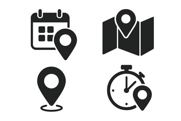 Aufkleber - Date, time, and location icon set. Calendar with pin, map with pointer, and timer with location mark. Vector glyphs for appointment, schedule, address, and gps navigation.
