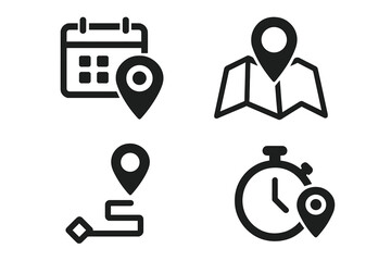 Aufkleber - Date, time, and location pointer icon set. Calendar with pin, map with destination point, route navigation, and timer with place marker. Vector icons for address and events.