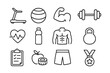 © Daniela - Gym and fitness line icon set for web and mobile app. Healthy lifestyle, exercise, diet, nutrition, weight training, bodybuilding, workout, sport equipment symbols. Vector.
