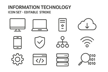 Fototapete - Information technology line icon set. Editable stroke vector graphics. Computer, server, cloud computing, network, security, coding, and data concepts for web and mobile.