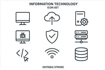 Fototapete - Information technology line icon set. IT concepts like cloud computing, data server, cybersecurity, coding, database, and network. Vector icons with editable stroke.