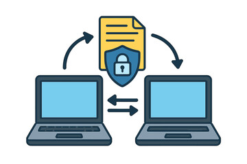 Fototapete - Secure file transfer concept. Data exchange between two laptops. Protected document sharing and transmission. Cybersecurity and information privacy vector illustration.
