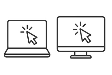 Fototapete - Laptop and computer monitor line icon set with click cursor. Pointer arrow on screen for web design, UI, UX. Digital concept, touch here symbol, link selection for website.